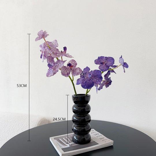 Purple Faux Vanda Orchids Arrangement in Glossy Black Vase - Striking Patterns and Sophisticated Design