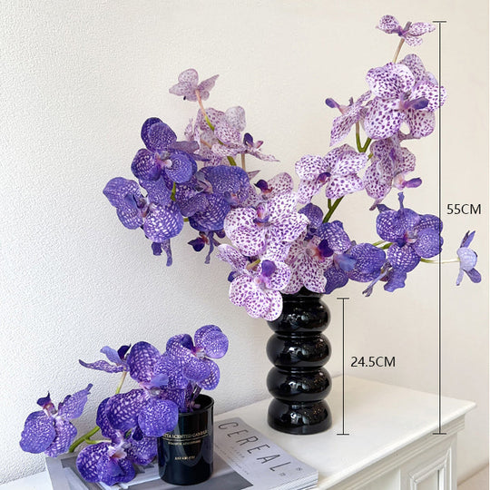 Purple Faux Vanda Orchids Arrangement in Glossy Black Vase - Striking Patterns and Sophisticated Design