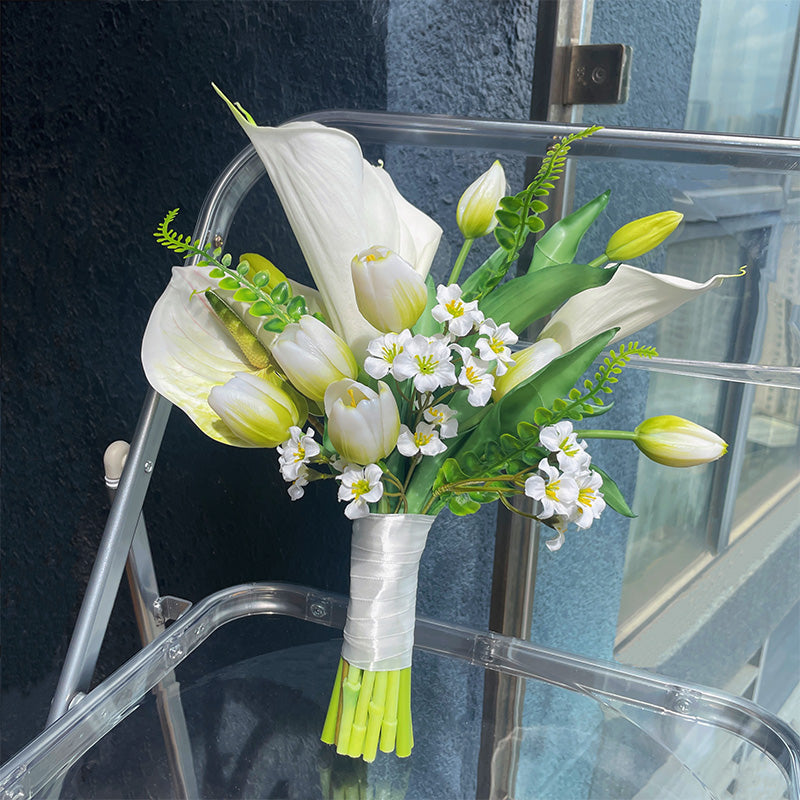 White Faux Calla Lilies and Tulips Bridal Bouquet - Graceful and Timeless