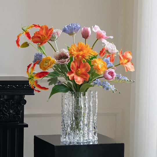 Cheerful Faux Tulips and Mixed Spring Flowers Arrangement in White Ceramic Vase - Bright Colors and Realistic Texture