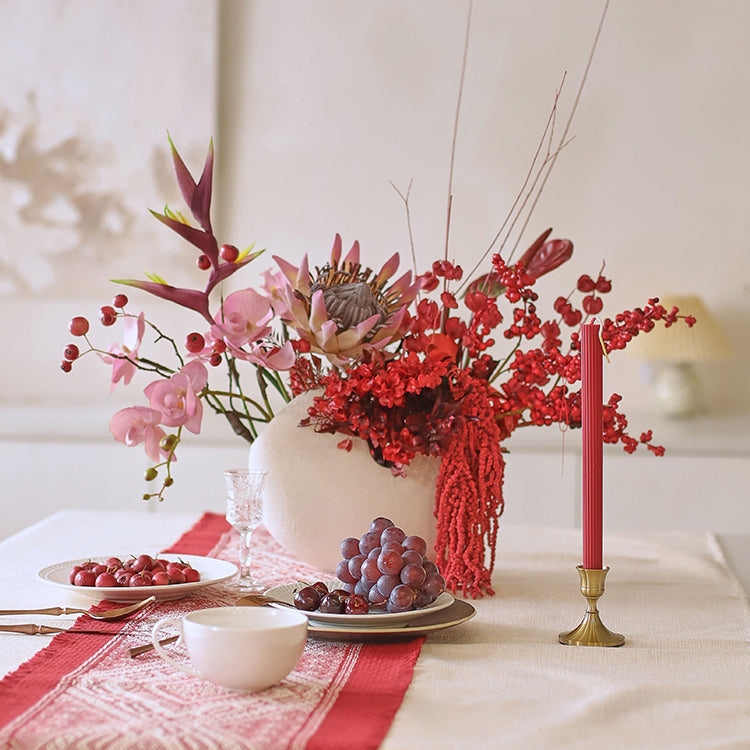 Red Faux Holly and King Protea Arrangement in Matte White Vase - Bold and Festive