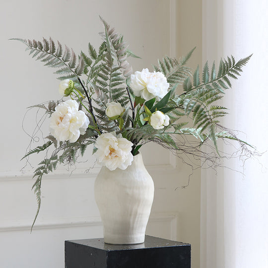 White Faux Peonies and Ferns Arrangement in Textured Ceramic Vase - Lush Greenery and Timeless Elegance