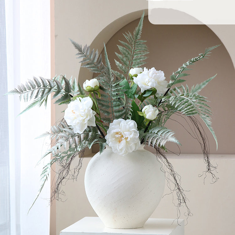 White Faux Peonies and Ferns Arrangement in Textured Ceramic Vase - Lush Greenery and Timeless Elegance