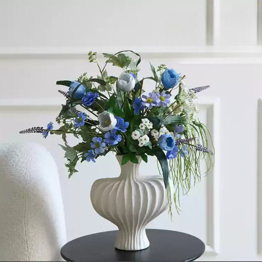 Purple and Blue Faux Tulip Arrangement in White Ceramic Vase - Elegant and Timeless