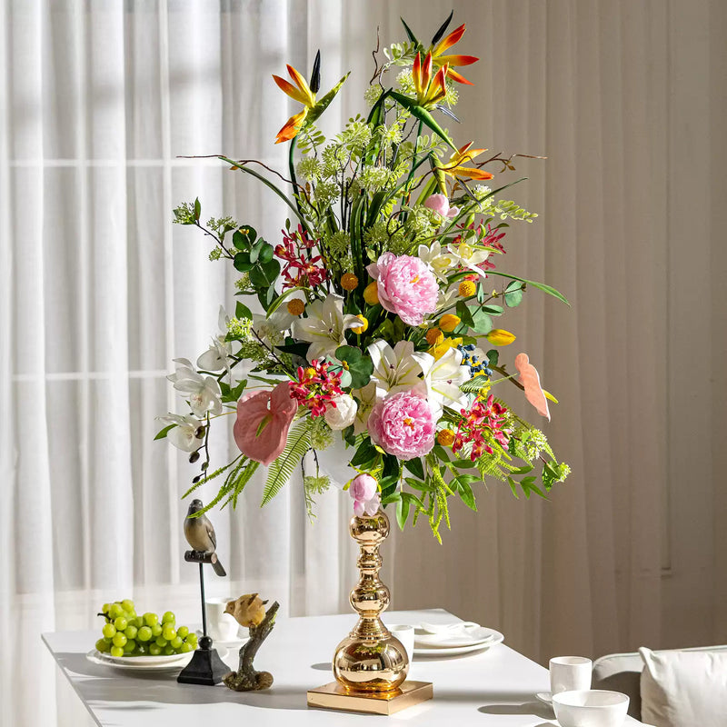 White Faux Orchid and Greenery Arrangement in Gold Pedestal Vase - Grand and Elegant